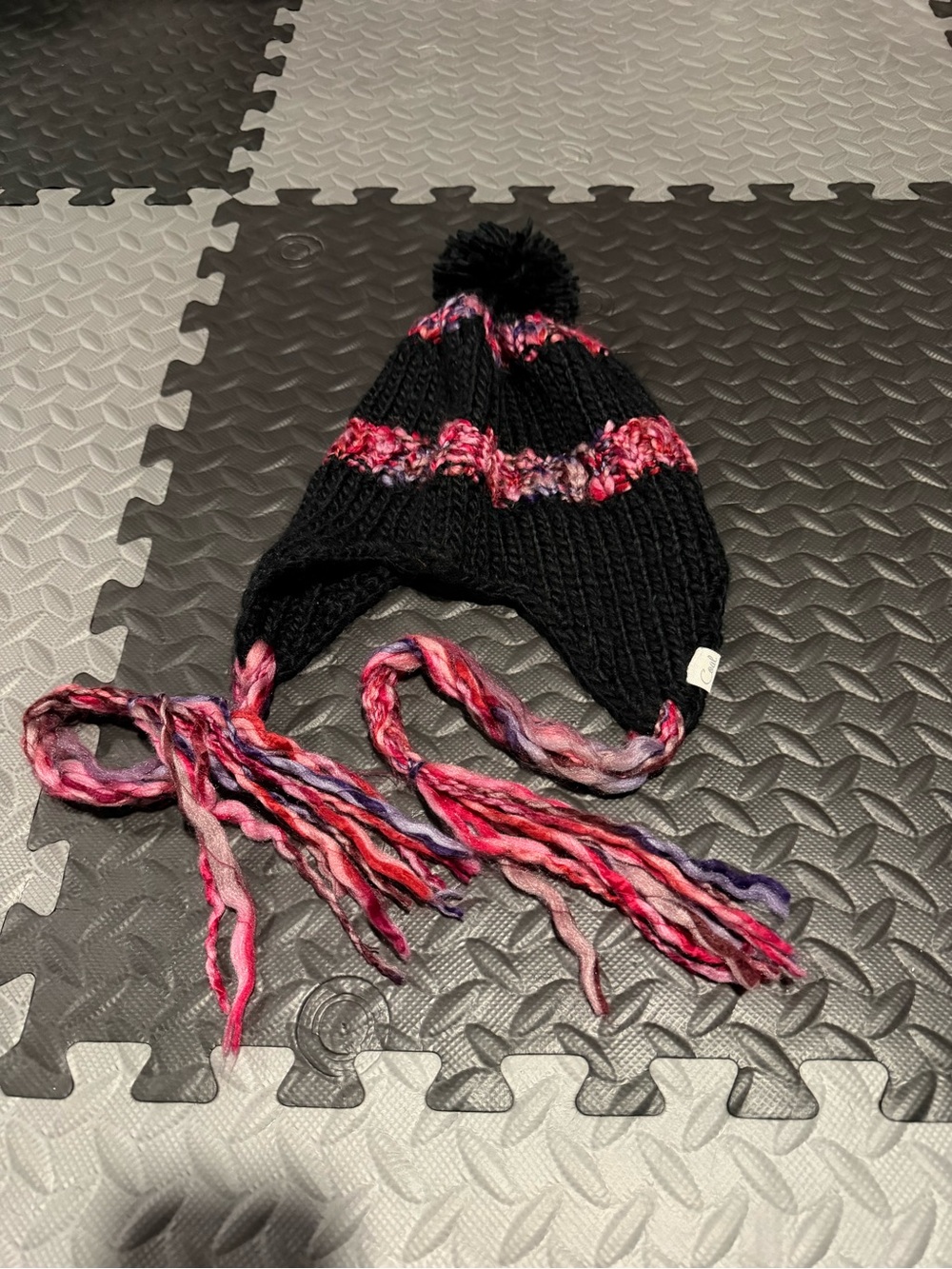 Black Knit Earflap Hat with Pink Multicolor Accents